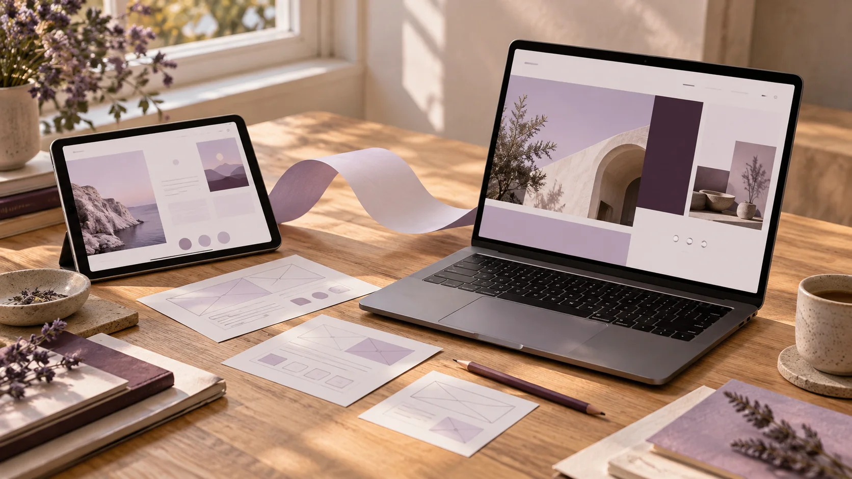 Laptop and tablet with lavender website designs beside paper page sketches on a desk